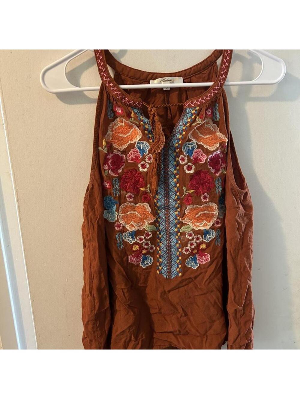 Andree by Unit brown embroidered floral blouse with tassel detail, size L